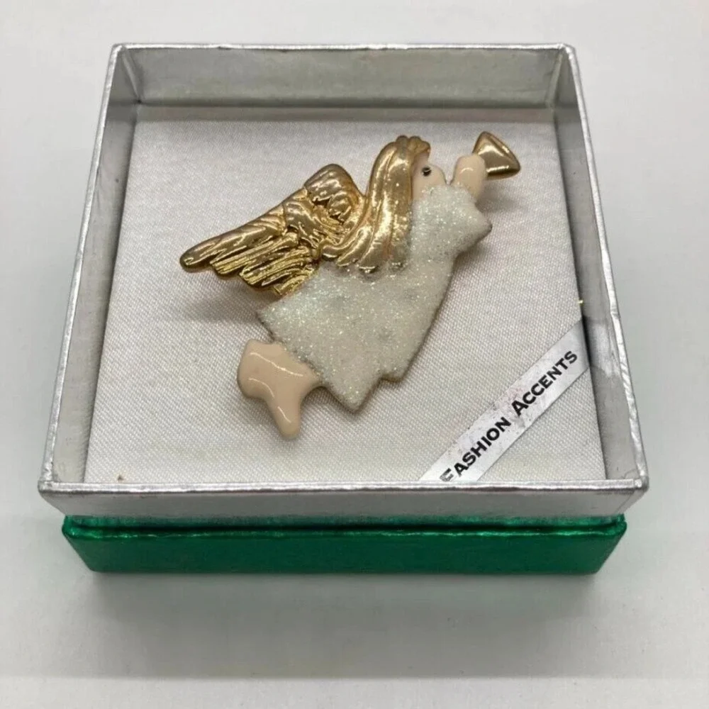Fashion Accents‎ Angel Brooch Pin Gold Tone Glitter White Christmas Holiday